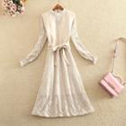 Set: Long-sleeve A-line Midi Lace Dress + Vest
