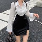 Plain Cutout-back Crop Shirt / Suspender Mini Pencil Skirt