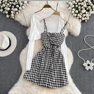 Set: Spaghetti Strap Check Dress + Cardigan