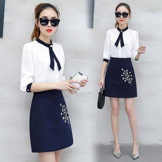Set: Contrast Trim 3/4 Sleeve Band Collar Shirt + Flower Embroidered A-line Skirt