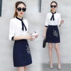 Set: Contrast Trim 3/4 Sleeve Band Collar Shirt + Flower Embroidered A-line Skirt