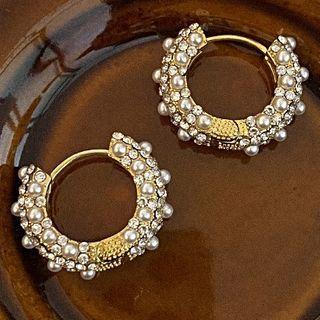 Faux Pearl Rhinestone Hoop Earring 1 Pair - Hoop Earring - Gold - One Size