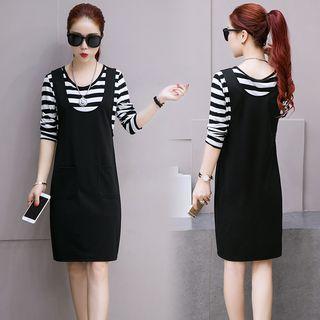 Set: Crew-neck Long-sleeve T-shirt + Plain Pinafore Dress