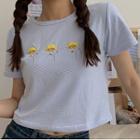 Short-sleeve Floral Embroidered Cropped T-shirt Blue - One Size