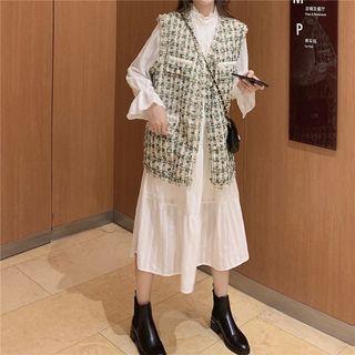 Frilled Trim Stand Collar A-line Dress / V-neck Tweed Vest