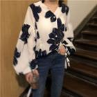 Bell Sleeves Floral Blouse As Shown In Figure - One Size