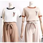 Contrast-trim Rabbit-embroidered Knit Top