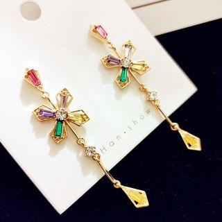 Rhinestone Cross Dangle Earring 1 Pair - Silver Stud - Gold - One Size