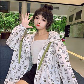 Patterned Hooded Light Jacket Green Pattern - White - One Size