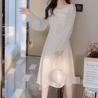 Long-sleeve Drawstring Ruffled A-line Dress