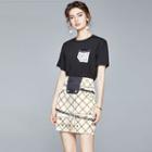 Set: Short-sleeve Plaid Pocket T-shirt + Printed Pencil Skirt