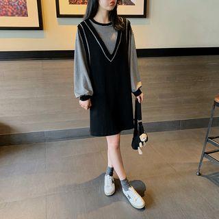 Long-sleeve Mock Two-piece Striped Dress