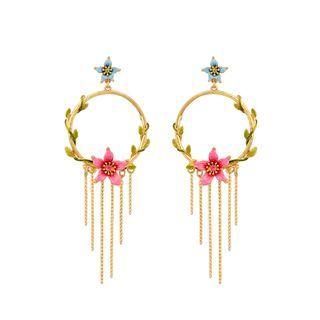 Fashion And Elegant Plated Gold Circle Enamel Pink Flower Tassel Earrings With Cubic Zirconia Golden - One Size
