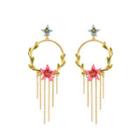 Fashion And Elegant Plated Gold Circle Enamel Pink Flower Tassel Earrings With Cubic Zirconia Golden - One Size