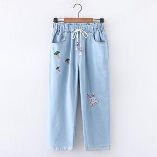 Carrot & Rabbit Embroidered Drawstring Straight-leg Jeans