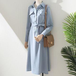 Long-sleeve Dual-pocket Plain Dress