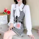 Set: Tie-neck Blouse + Sleeveless Houndstooth Dress