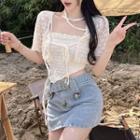 Irregular Frill Trim Camisole Top / Short-sleeve Tie-front Crop Top