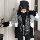 Faux Leather Panel Striped Zip Cardigan Black - One Size