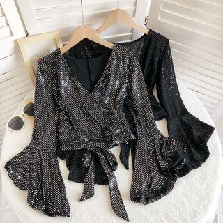 Bell-sleeve Sequined Tie-waist Crop Top