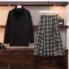 Set: Turtleneck Sweater + Plaid Fringed Midi A-line Skirt