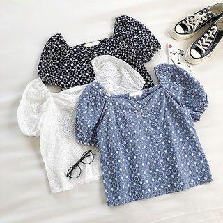 Embroidered Square-neck Puff-sleeve Top