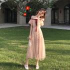 Star Embroidered Short-sleeve Midi A-line Dress Pink - One Size