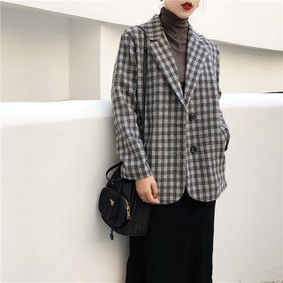 Check Loose-fit Blazer / Plain Skirt / Plain Turtleneck Long-sleeve Top