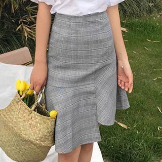 Check Asymmetric Mermaid Midi A-line Skirt