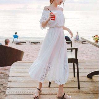 Off-shoulder Eyelet Midi A-line Dress