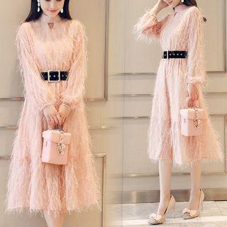 Long-sleeve Keyhole Fringed Midi A-line Dress