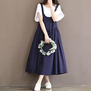 Drawstring Waist Midi Pinafore Dress