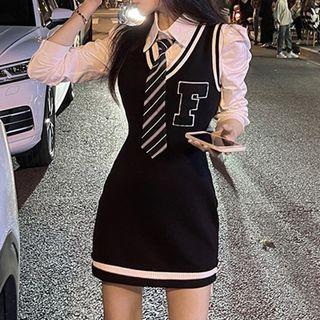 Set: Shirt + Tie + Sleeveless Knit Dress 4870 - Set - Black & White - One Size