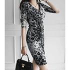 V-neck Shirred Leopard Bodycon Dress