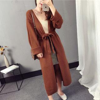 Split Hem Tie-waist Long Cardigan
