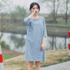 Floral Elbow-sleeve A-line Dress Gray - One Size