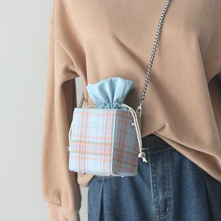 Plaid Faux Leather Crossbody Drawstring Bucket Bag