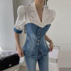 Notch-lapel Denim-panel Buttoned Blouse