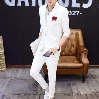 Set: 3/4-sleeve Buttoned Blazer + Dress Pants