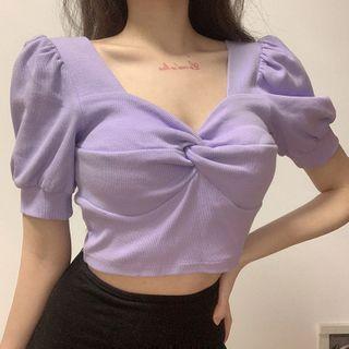 Twisted Puff-sleeve Cropped Knit Top