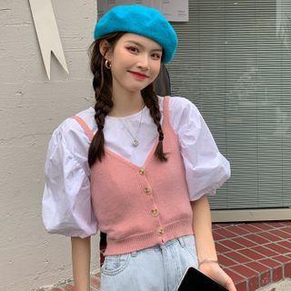 Puff-sleeve Blouse / Knit Camisole Top