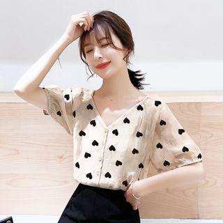 Heart Print V-neck Elbow-sleeve Blouse