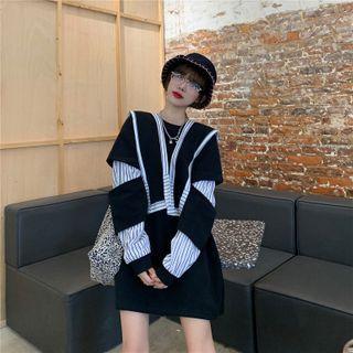 Mock Two Piece Striped Sweatshirt Dress With Cape