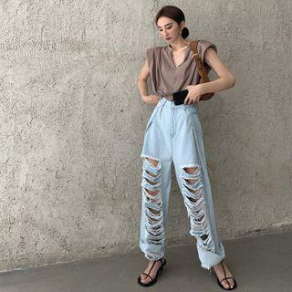 Round Neck Elbow Sleeve Oversized Top / High Waist Wide Leg Ripped Jeans