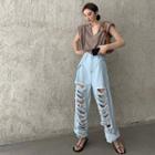 Round Neck Elbow Sleeve Oversized Top / High Waist Wide Leg Ripped Jeans