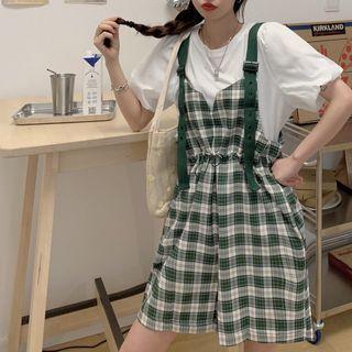 Puff-sleeve T-shirt / Plaid Wide Leg Jumper Shorts