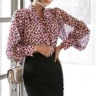 Set: Leopard Print Chiffon Blouse + Asymmetrical Mini Pencil Skirt