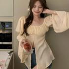 Puff-sleeve Front-slit Blouse