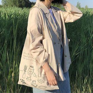 Printed Linen Tote Bag Tea Time - Off-white - One Size