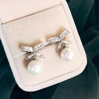 Rhinestone Bow Faux Pearl Earring